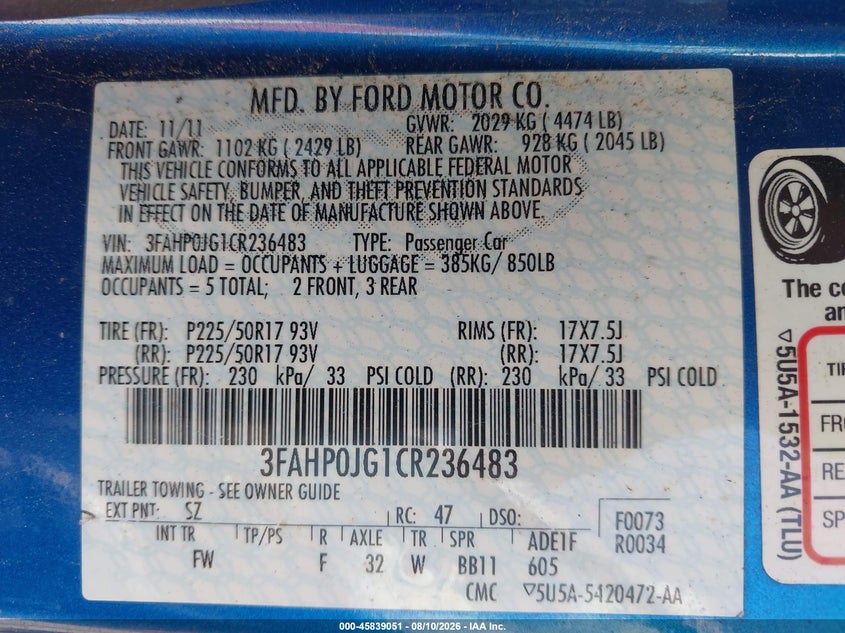 2012 FORD FUSION SEDAN 3.0L V6 FI DOHC 24V NF4
