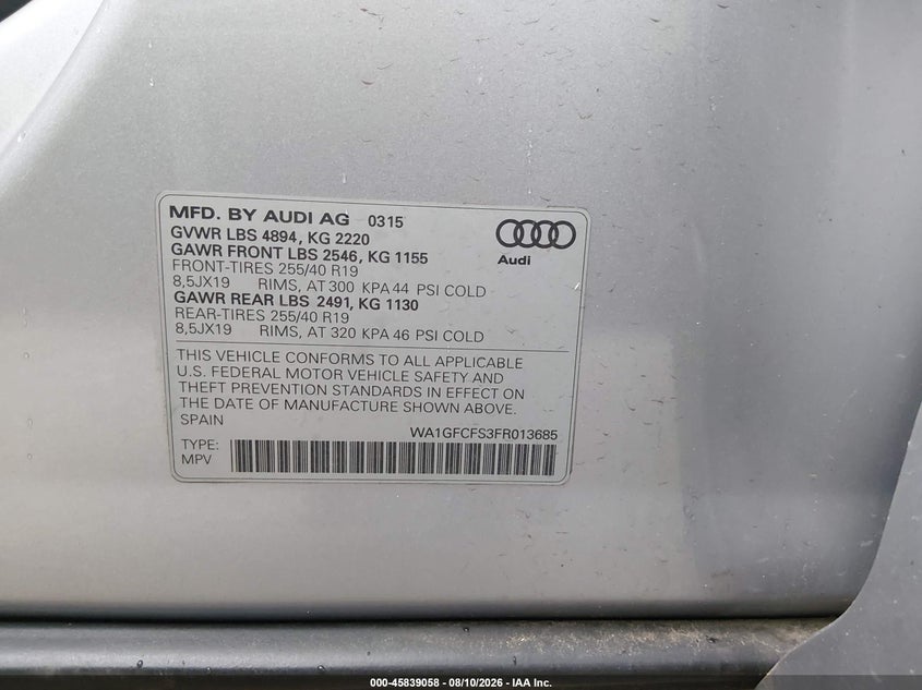 AUDI Q3 2015 VIN WA1GFCFS3FR013685