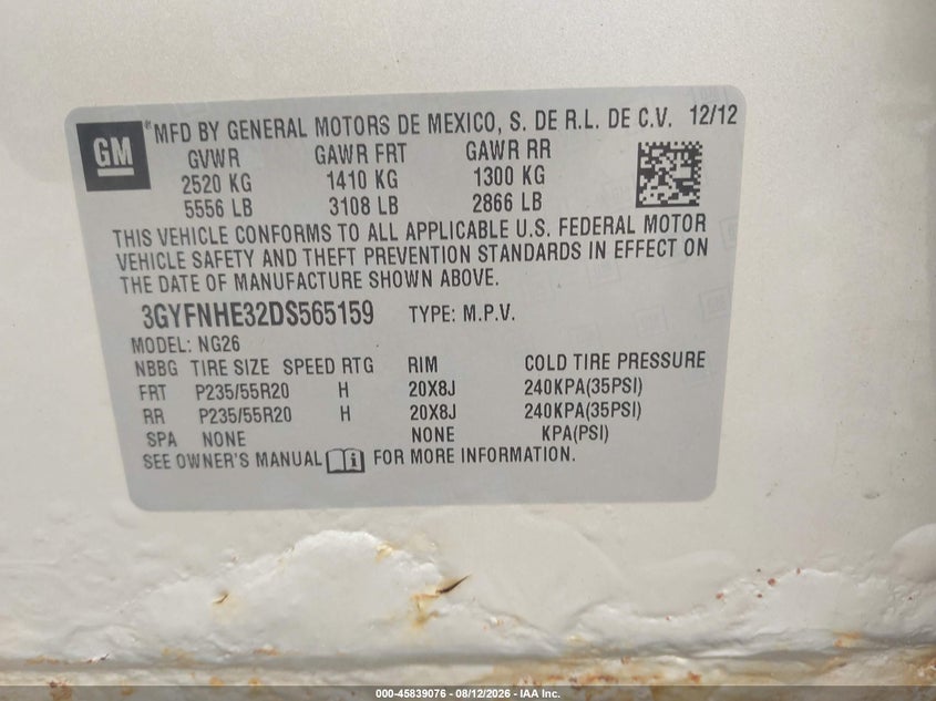 CADILLAC SRX 2013 VIN 3GYFNHE32DS565159