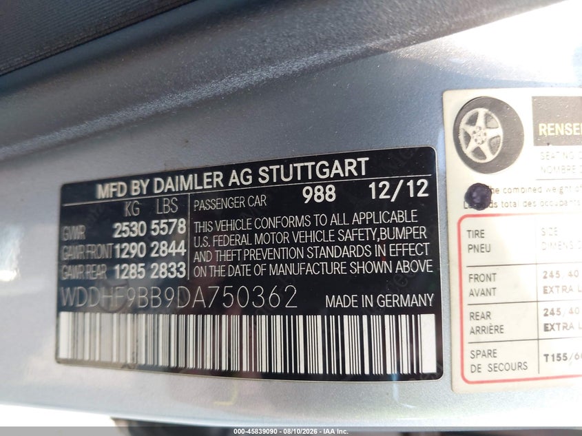 MERCEDES-BENZ E 550 2013 VIN WDDHF9BB9DA750362