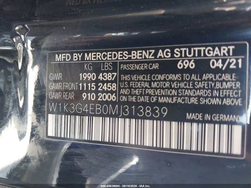 MERCEDES-BENZ A 220 2021 VIN W1K3G4EB0MJ313839