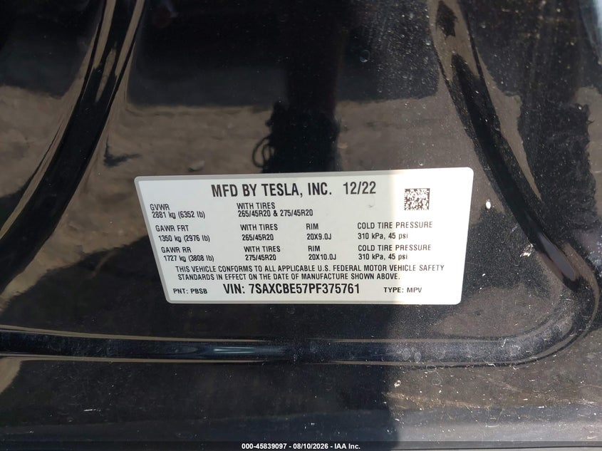 TESLA MODEL X 2023 VIN 7SAXCBE57PF375761