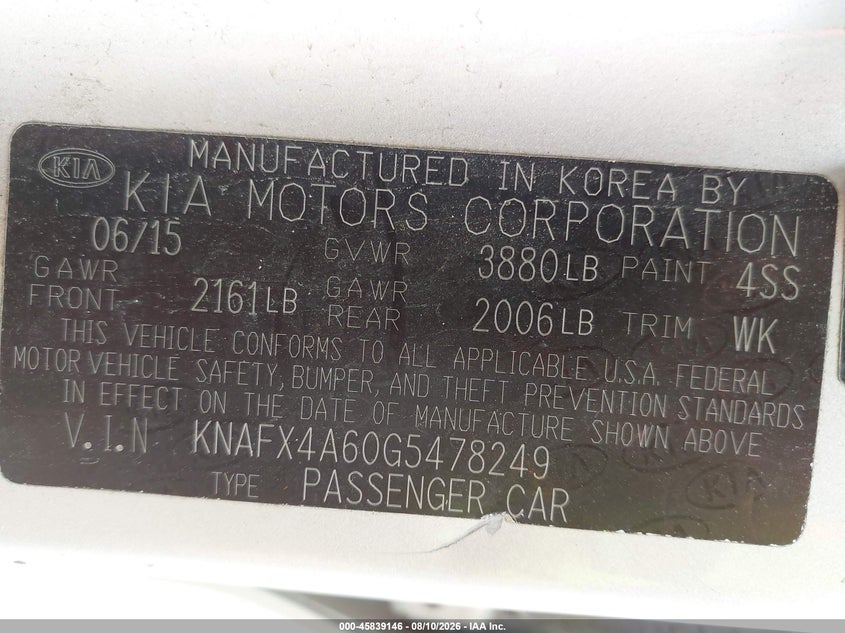 KIA FORTE 2016 VIN KNAFX4A60G5478249