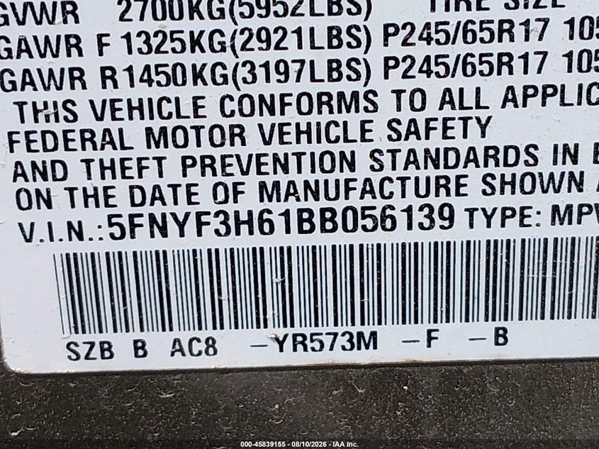 HONDA PILOT 2011 VIN 5FNYF3H61BB056139
