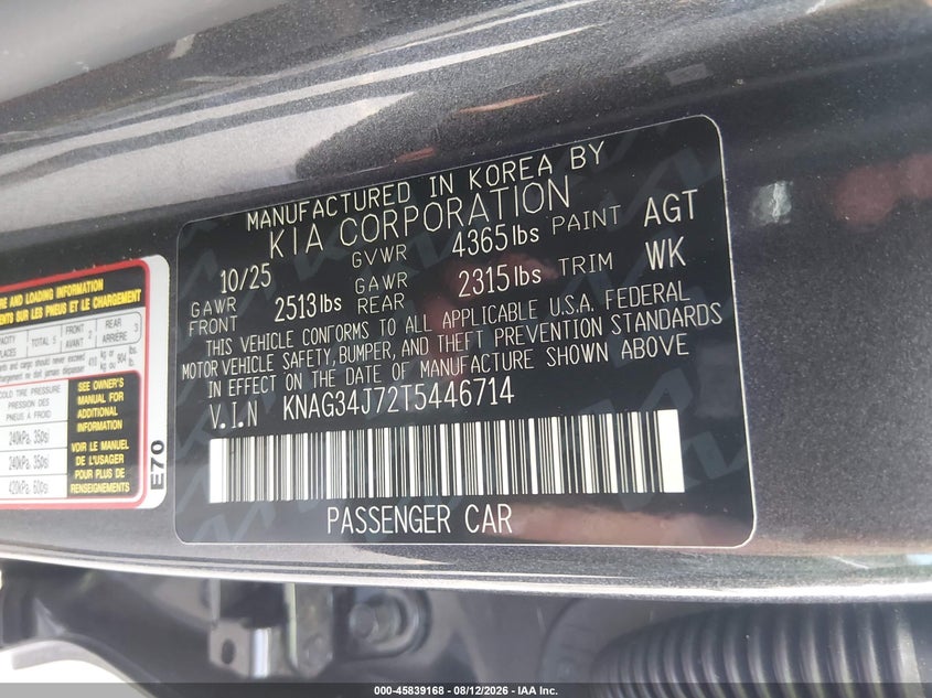 KIA K5 2026 VIN KNAG34J72T5446714