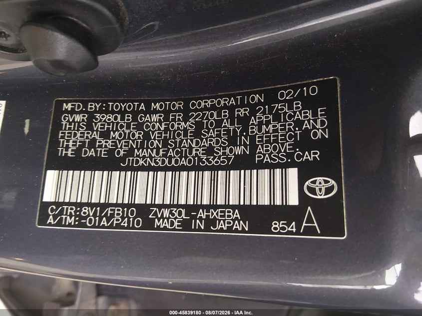 TOYOTA PRIUS 2010 VIN JTDKN3DU0A0133657