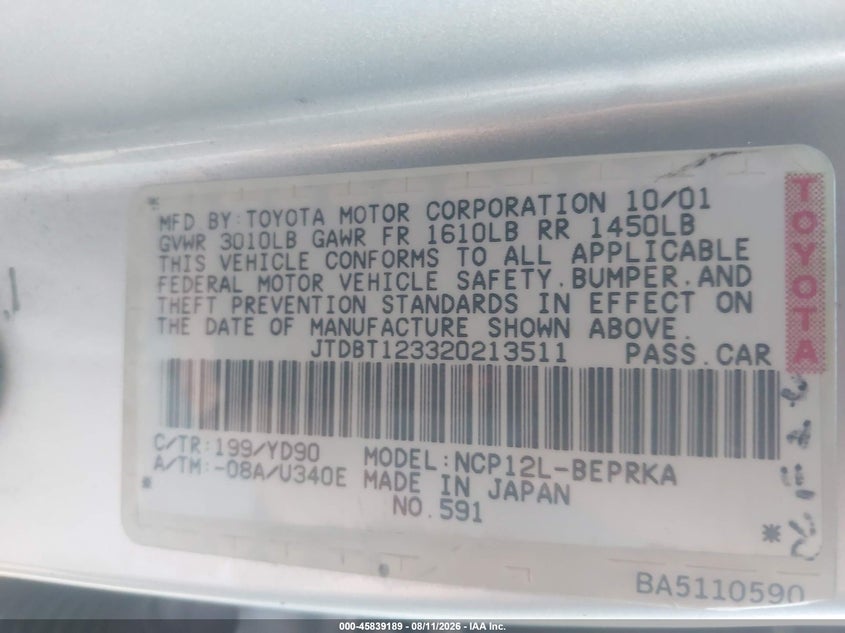 2002 TOYOTA ECHO auction photo 8