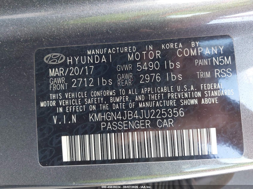 GENESIS G80 2018 VIN KMHGN4JB4JU225356