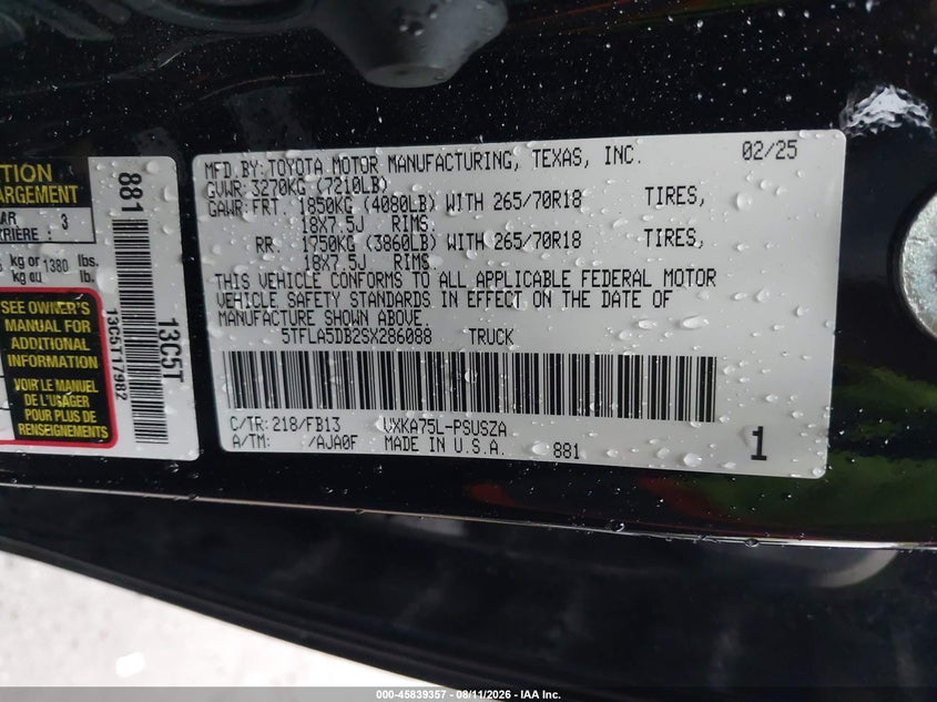 TOYOTA TUNDRA 2025 VIN 5TFLA5DB2SX286088