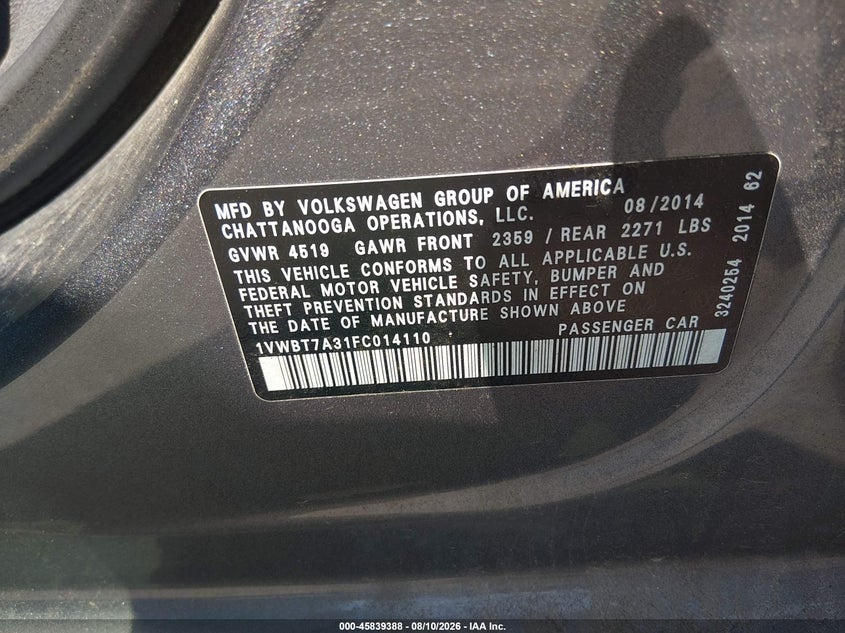 2015 VOLKSWAGEN PASSAT SEDAN 1.8L I-4 DI, DOHC, VVT, TURBO, 170HP