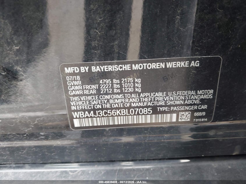 BMW 430I GRAN COUPE 2019 VIN WBA4J3C56KBL07085