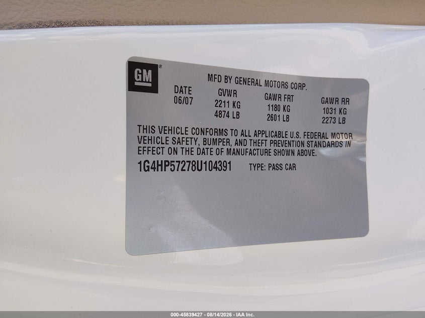 BUICK LUCERNE 2008 VIN 1G4HP57278U104391