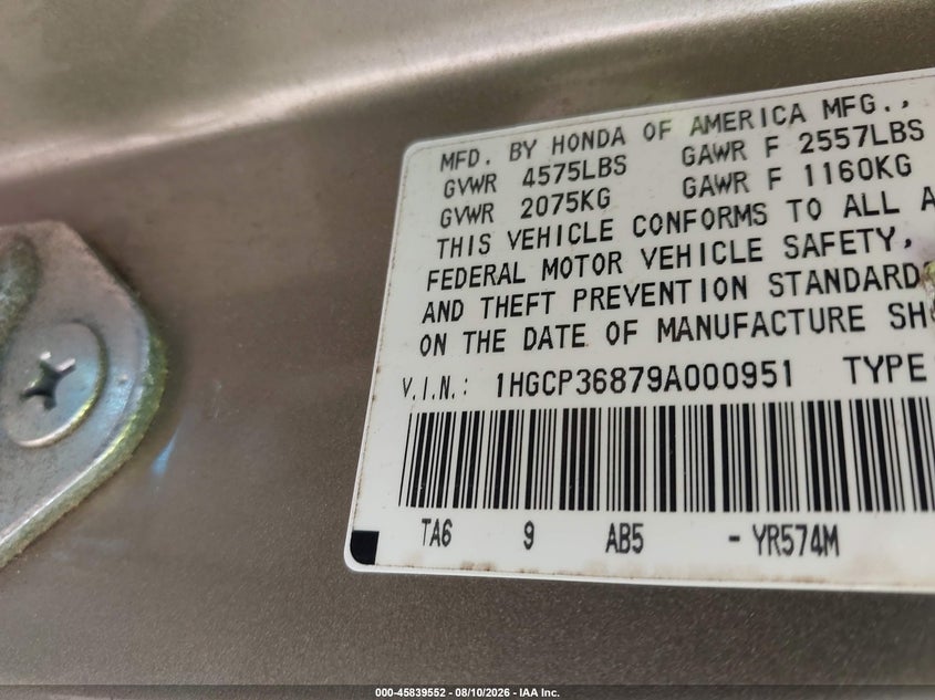 HONDA ACCORD 2009 VIN 1HGCP36879A000951