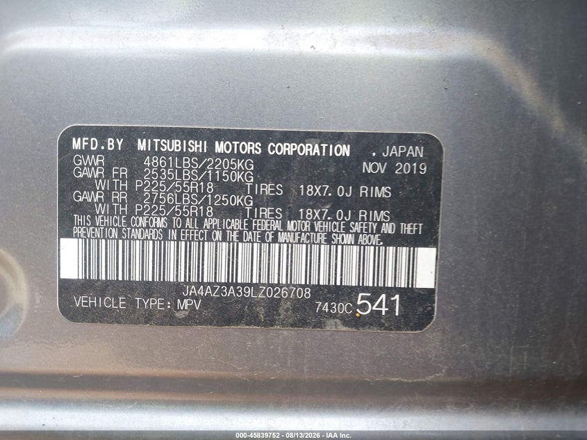 MITSUBISHI OUTLANDER 2020 VIN JA4AZ3A39LZ026708
