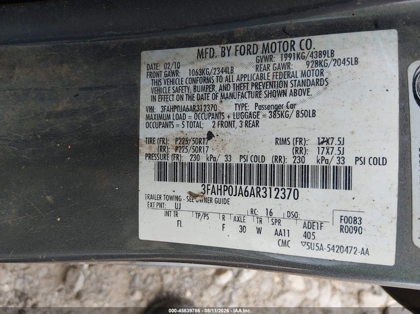 FORD FUSION 2010 VIN 3FAHP0JA6AR312370