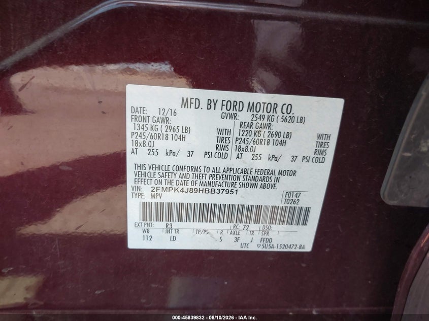 FORD EDGE 2017 VIN 2FMPK4J89HBB37951
