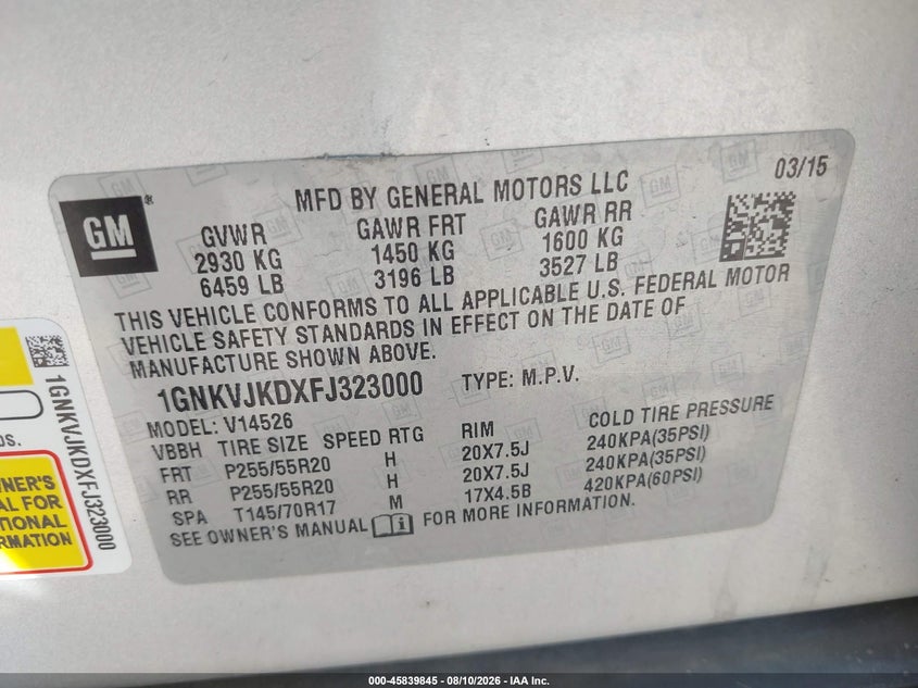 CHEVROLET TRAVERSE 2015 VIN 1GNKVJKDXFJ323000