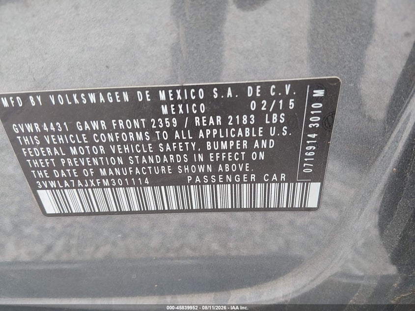 VOLKSWAGEN JETTA 2015 VIN 3VWLA7AJXFM301114