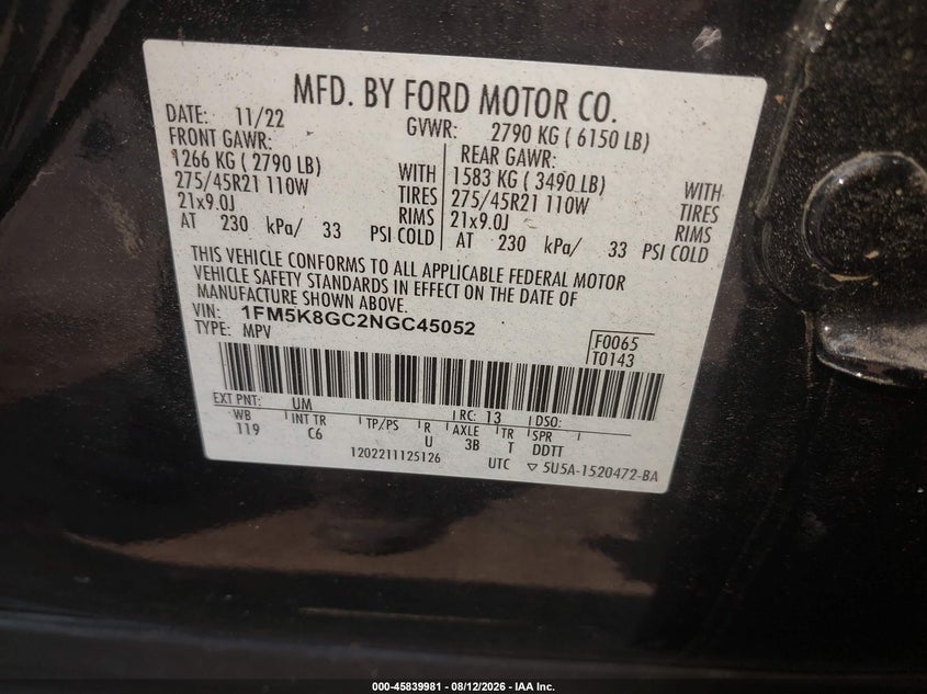 FORD EXPLORER 2022 VIN 1FM5K8GC2NGC45052