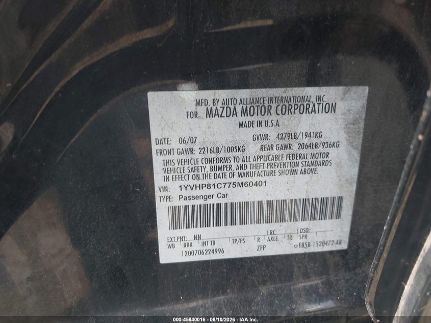 2007 MAZDA 6 SEDAN 2.3L I-4 DOHC, VVT, 146HP