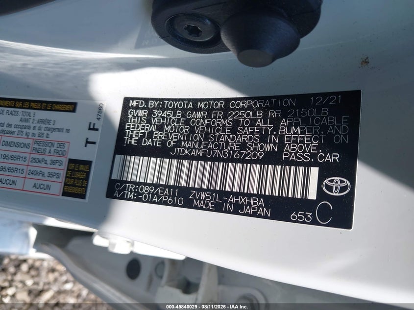 TOYOTA PRIUS 2022 VIN JTDKAMFU7N3167209