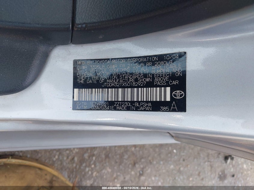 TOYOTA CELICA 2005 VIN JTDDR32TX50182927