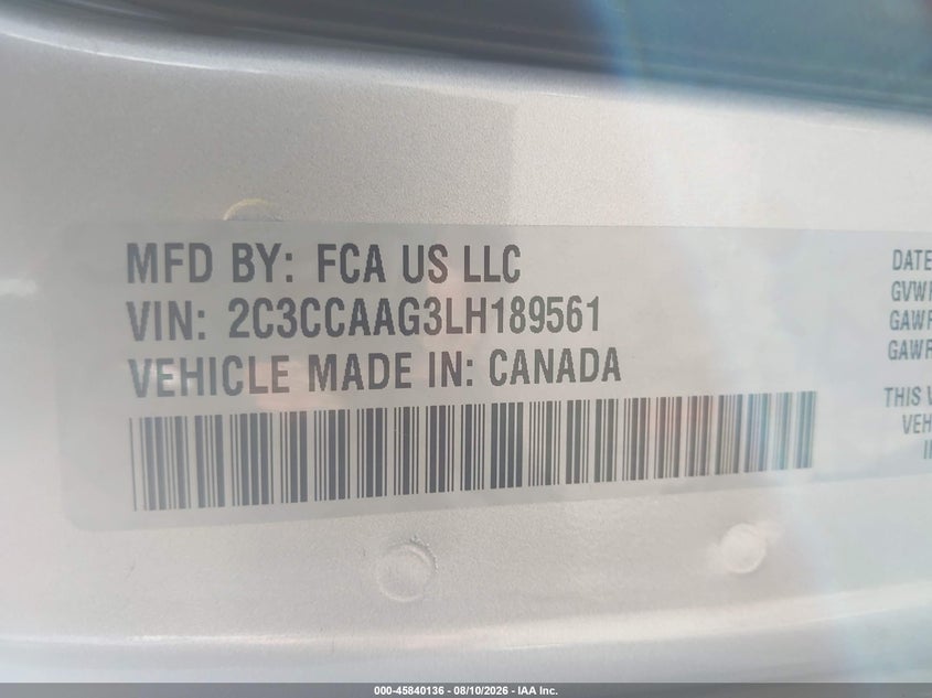 CHRYSLER 300 2020 VIN 2C3CCAAG3LH189561