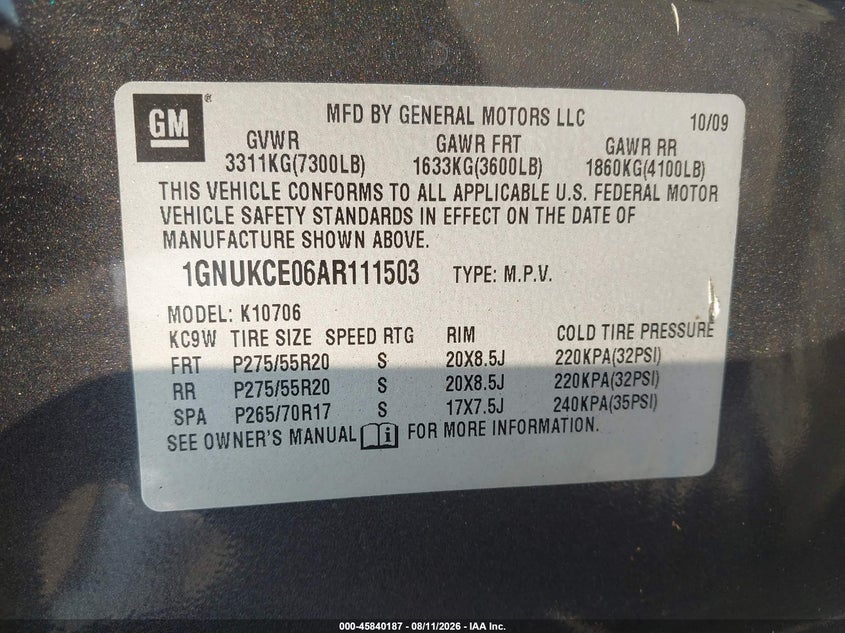 CHEVROLET TAHOE 2010 VIN 1GNUKCE06AR111503