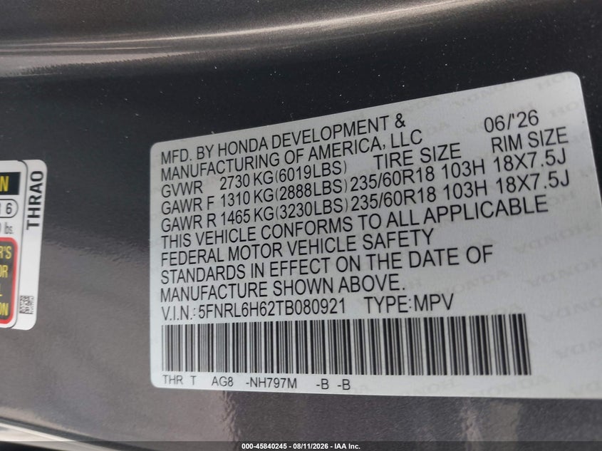 HONDA ODYSSEY 2026 VIN 5FNRL6H62TB080921
