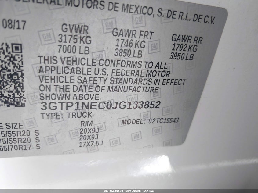 GMC SIERRA 1500 2018 VIN 3GTP1NEC0JG133852