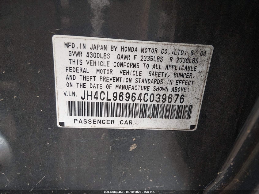 ACURA TSX 2004 VIN JH4CL96964C039676