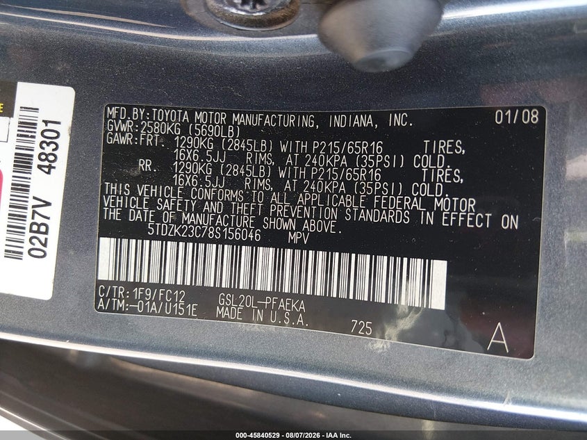 TOYOTA SIENNA 2008 VIN 5TDZK23C78S156046