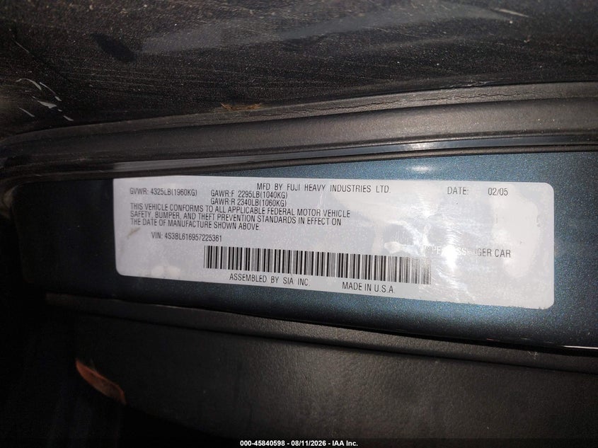 SUBARU LEGACY 2005 VIN 4S3BL616957225361
