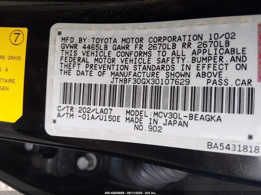 LEXUS ES 300 2003 VIN JTHBF30GX30107629
