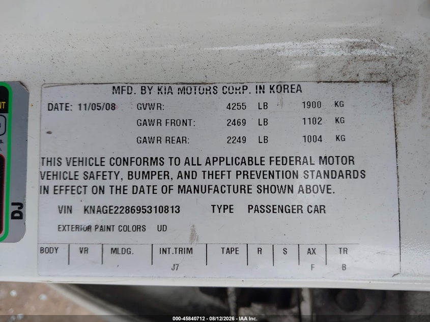2009 KIA OPTIMA SEDAN 2.4L I-4 DOHC, VVT, 175HP