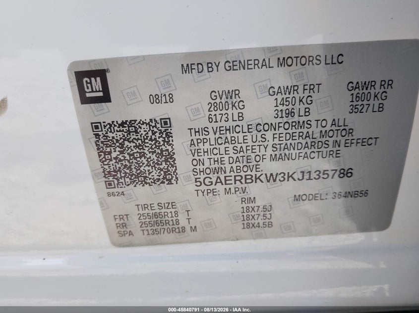 BUICK ENCLAVE 2019 VIN 5GAERBKW3KJ135786