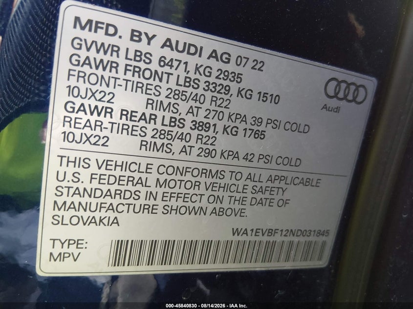 2022 AUDI Q8 SPORT UTILITY VEHICLE 3.0L V-6 DI, DOHC, VVT, TURBO, 335HP