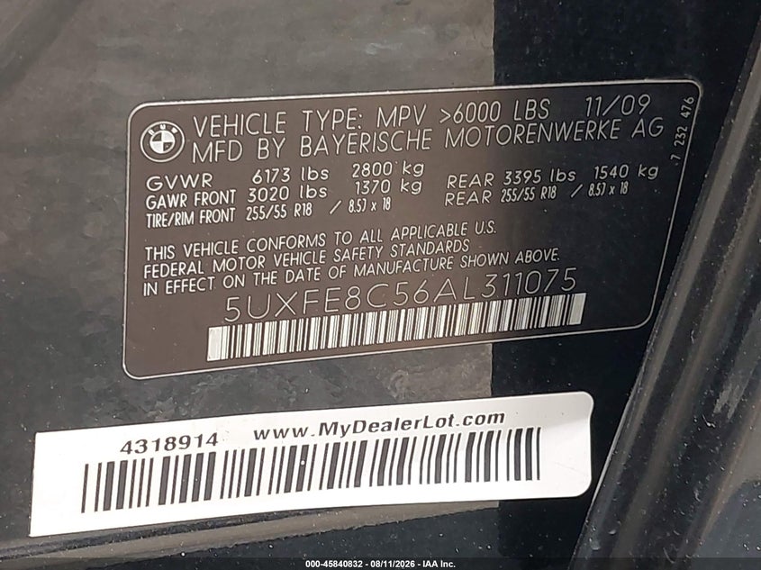 BMW X5 2010 VIN 5UXFE8C56AL311075