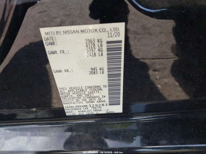 NISSAN ALTIMA 2021 VIN 1N4BL4DVXMN329283