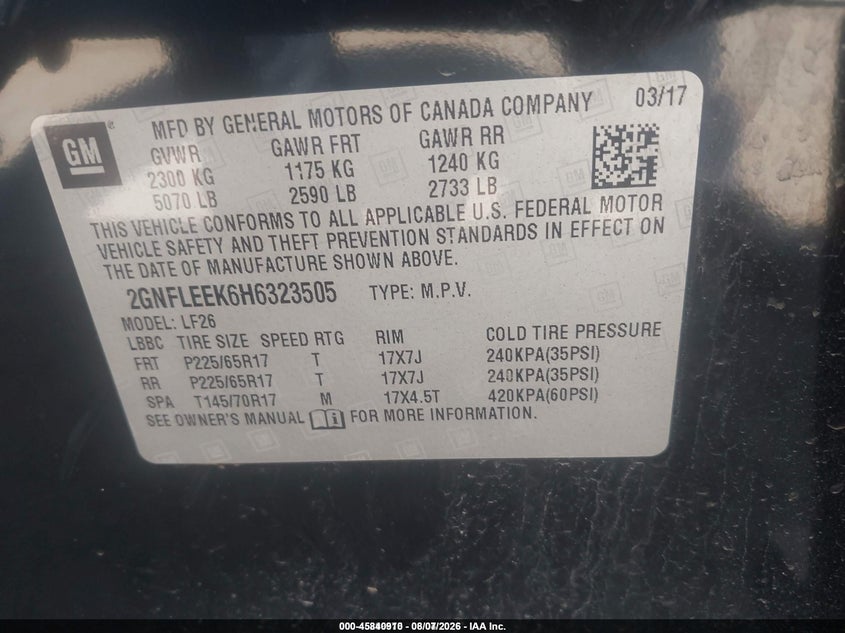 2017 CHEVROLET EQUINOX SPORT UTILITY VEHICLE 2.4L I-4 DI, DOHC, VVT, 182HP