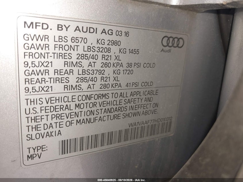 AUDI Q7 2017 VIN WA1VAAF77HD010312