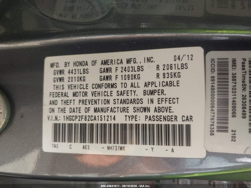 2012 HONDA ACCORD SEDAN 2.4L I-4 DOHC, VVT, 190HP