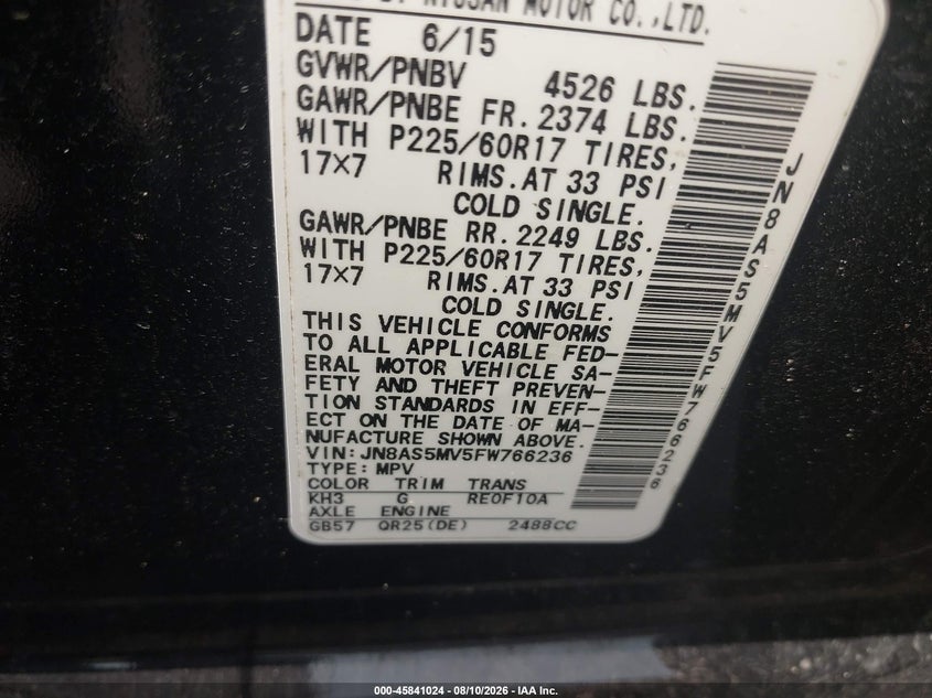 NISSAN ROGUE SELECT 2015 VIN JN8AS5MV5FW766236