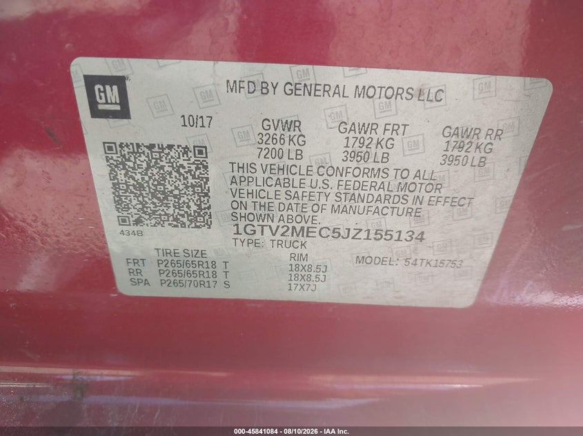 2018 GMC SIERRA TRUCK 5.3L V8 FI OHV 16V NF2
