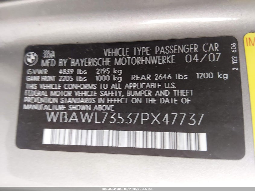 BMW 335I 2007 VIN WBAWL73537PX47737