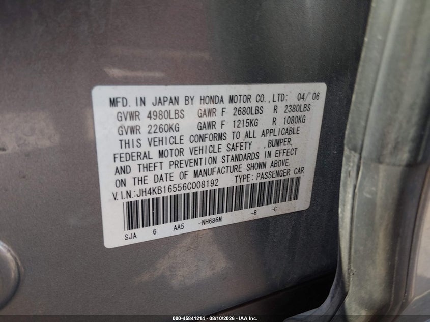 ACURA RL 2006 VIN JH4KB16556C008192