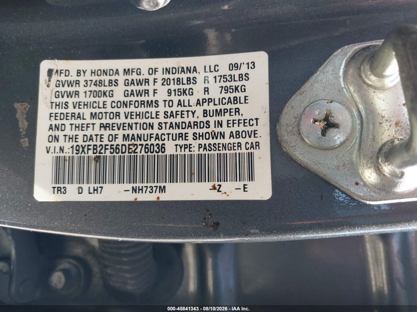 2013 HONDA CIVIC SEDAN 1.8L I-4 VVT, 140HP