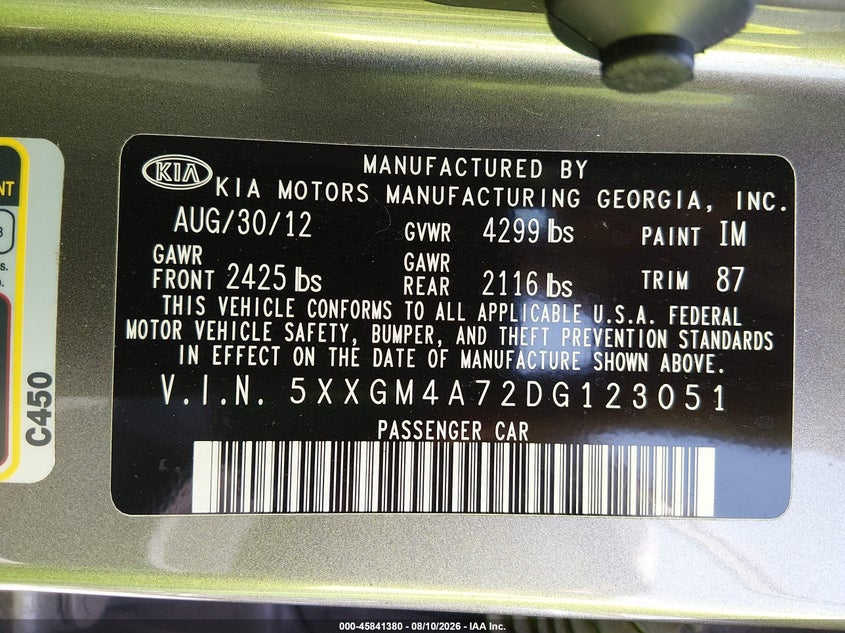 KIA OPTIMA 2013 VIN 5XXGM4A72DG123051