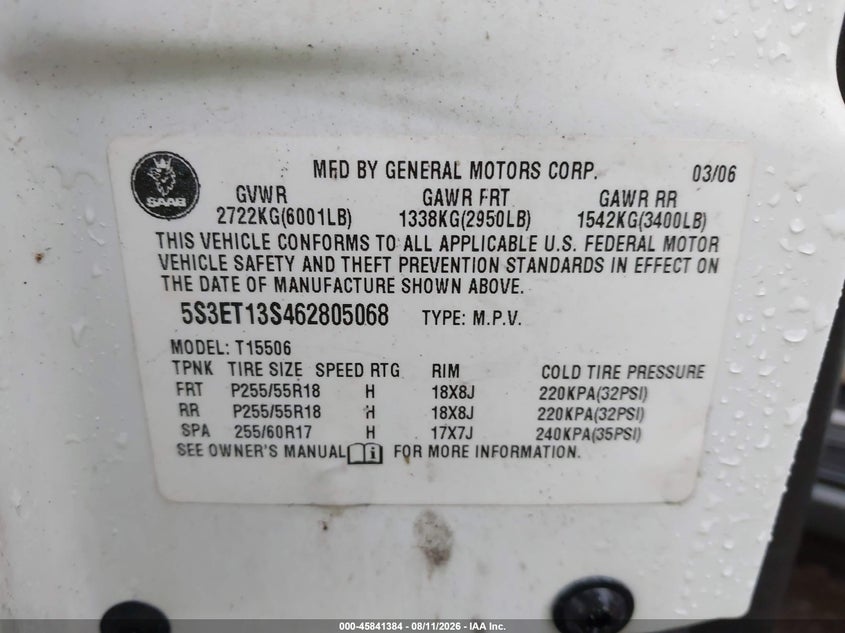 SAAB 9-7X 2006 VIN 5S3ET13S462805068