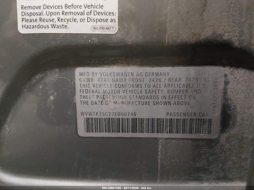 VOLKSWAGEN PASSAT 2007 VIN WVWTK73C27E000746